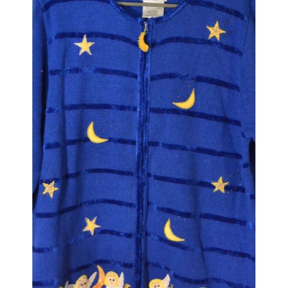 Quacker Factory Sweater Women's Large Blue Knit Moon Stars Angels Embroidery - Picture 2 of 7